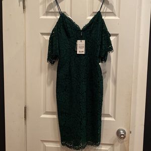 Bardot size 6. Dark green lace dress with lining. Straps + off shoulder sleeves.